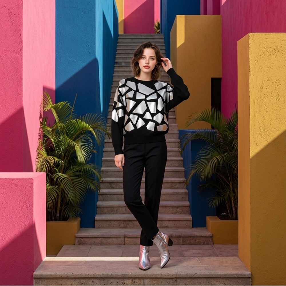 Vintage 80s Cache Black Silver Abstract Geometric Avant Garde Sweater